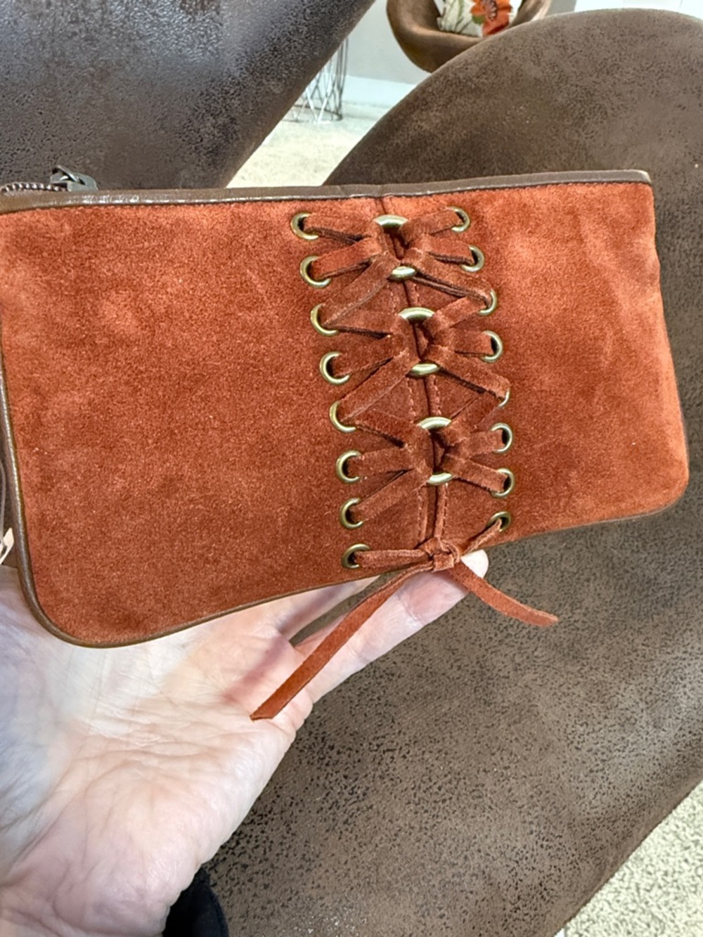 VINTAGE COACH WRISTLET LACED CORSET BRASS CHARM TASSEL RARE Y2K RUST SUEDE NWT - Picture 6 of 16